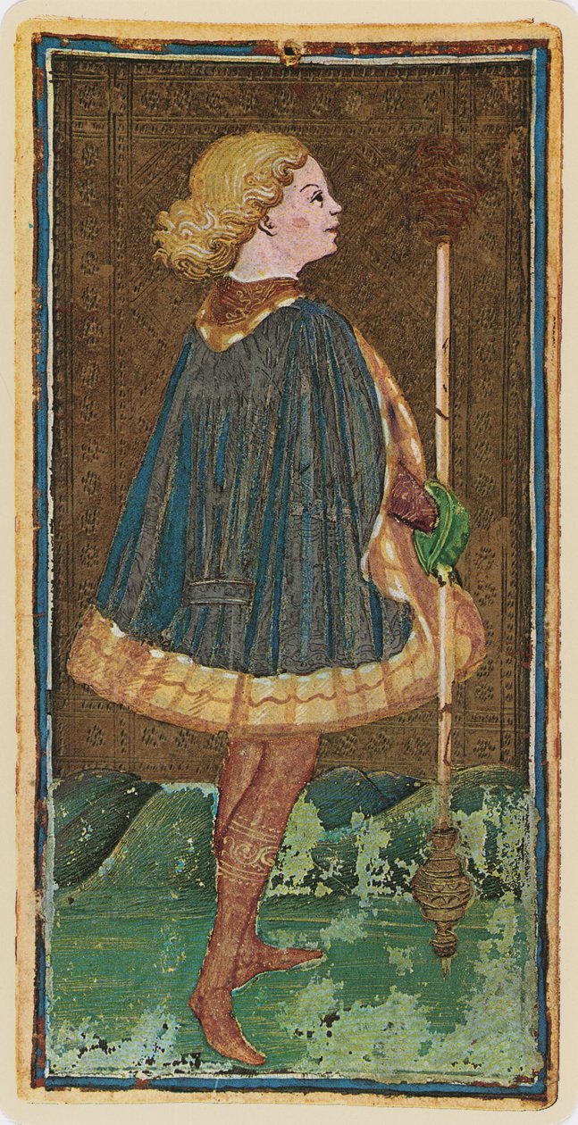 The Knave of Wands, faksimile tarotové karty z balíčku 