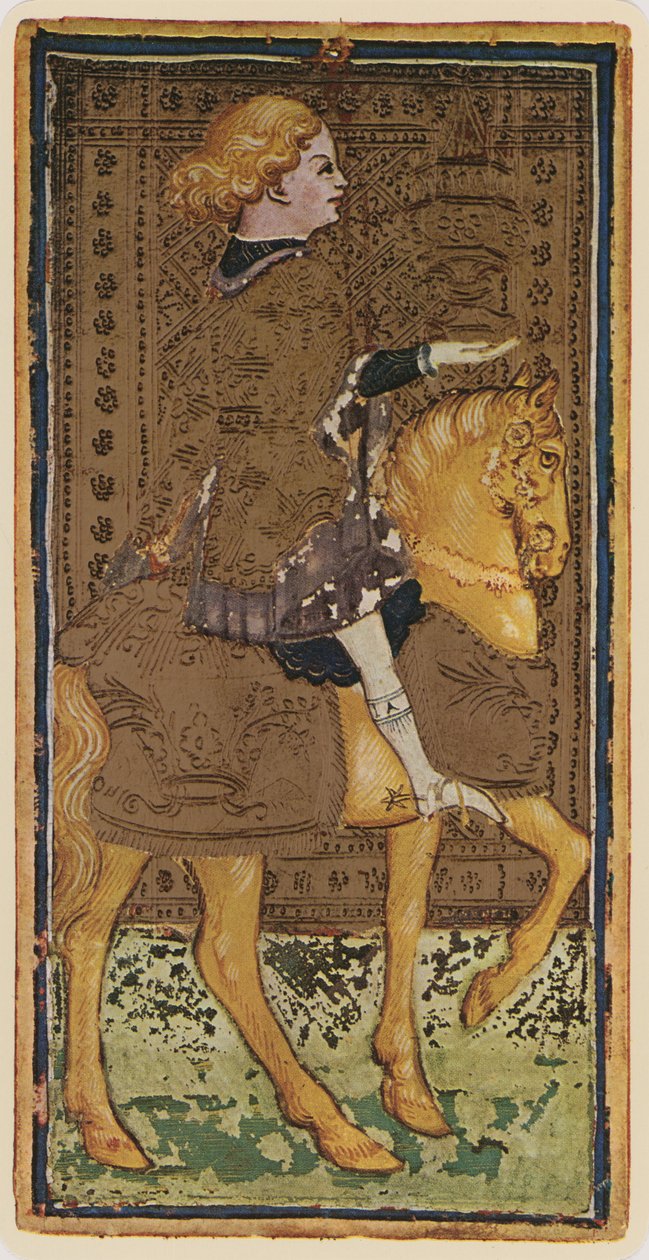 Rytíř pohárů, faksimile tarotové karty z balíčku „Visconti“, 1441–47 od Bonifacio Bembo