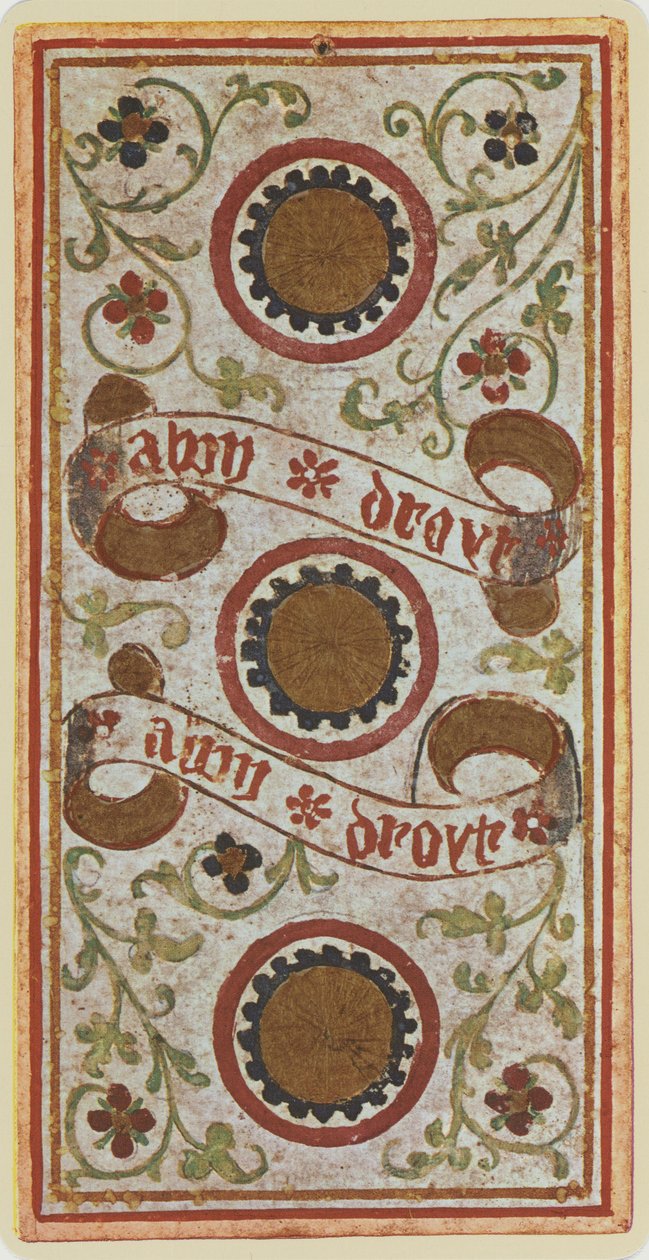 The Three of Coins, faksimile tarotové karty z balíčku 