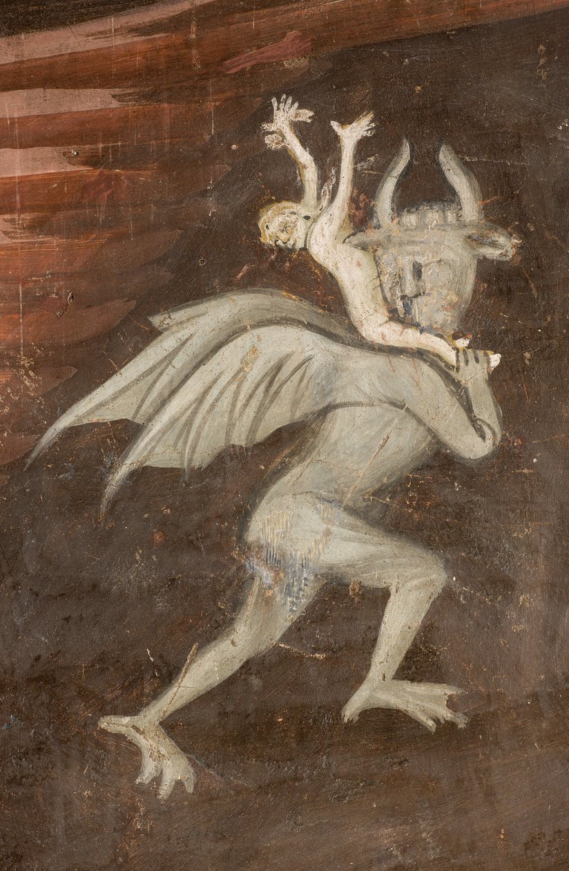 Severní transept, oltář svatého Michaela archanděla, za oltářním obrazem fresky od Bonifáce Bemba, archanděl Michael s Váhami vyhánějící zlo, detail zhoubný od Bonifacio Bembo