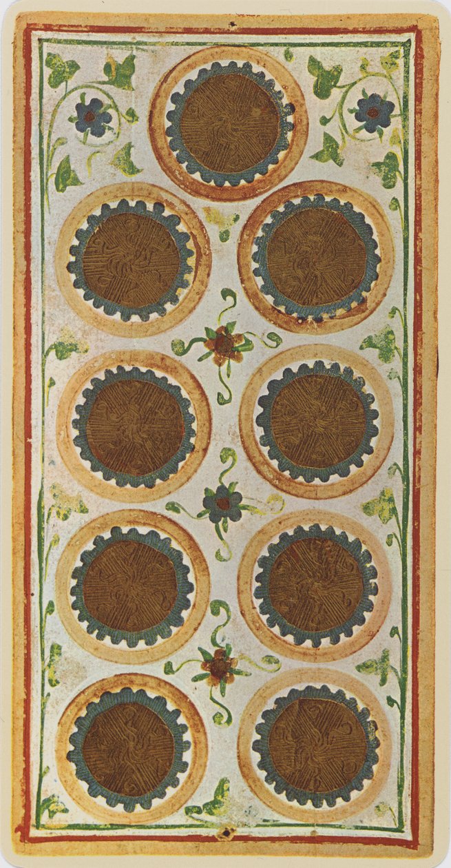 Devítka mincí, faksimile tarotové karty z balíčku Visconti, 1441-47 od Bonifacio Bembo