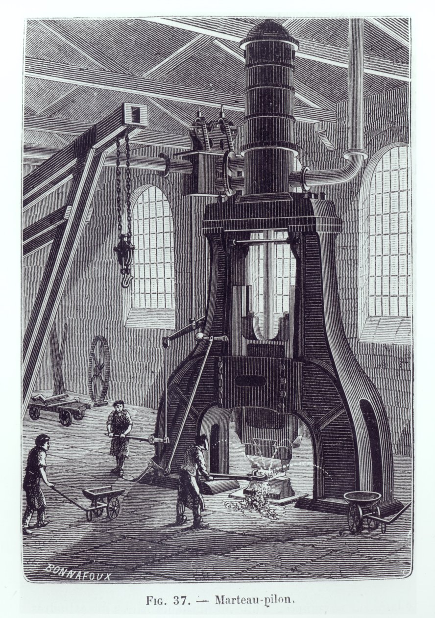 Kladivo Le Creusot, ilustrace ke knize o průmyslových strojích, asi 1880 (čb fotografie) od Bonnafoux