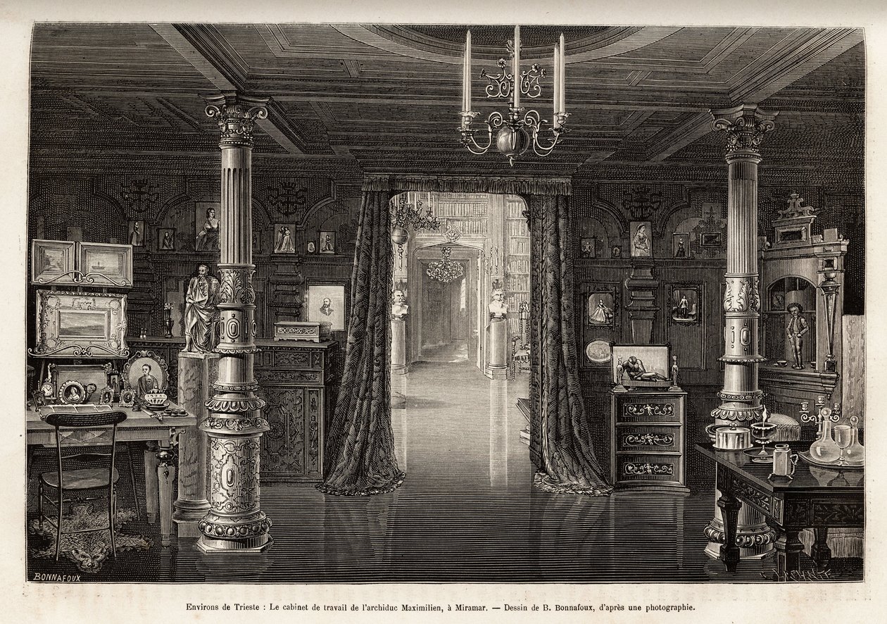 Pracovní kabinet arcivévody rakouského Maxmiliána (1832-1867), na zámku Miramar, který nechal postavit v okolí Terstu, z roku 1857, kdy byl prohlášen vicekrálem království Lombardie a Veneto, vyryl B. Bonnafoux illustra od Bonnafoux Bonnafoux