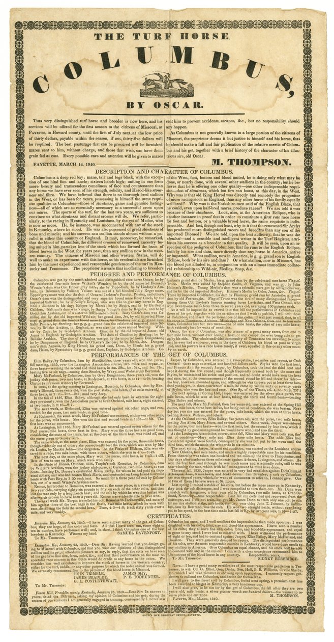 Stud plakát koně nabízející trávník koně Columbus, Fayette, MO, 14. března 1840 od Boon Democrat