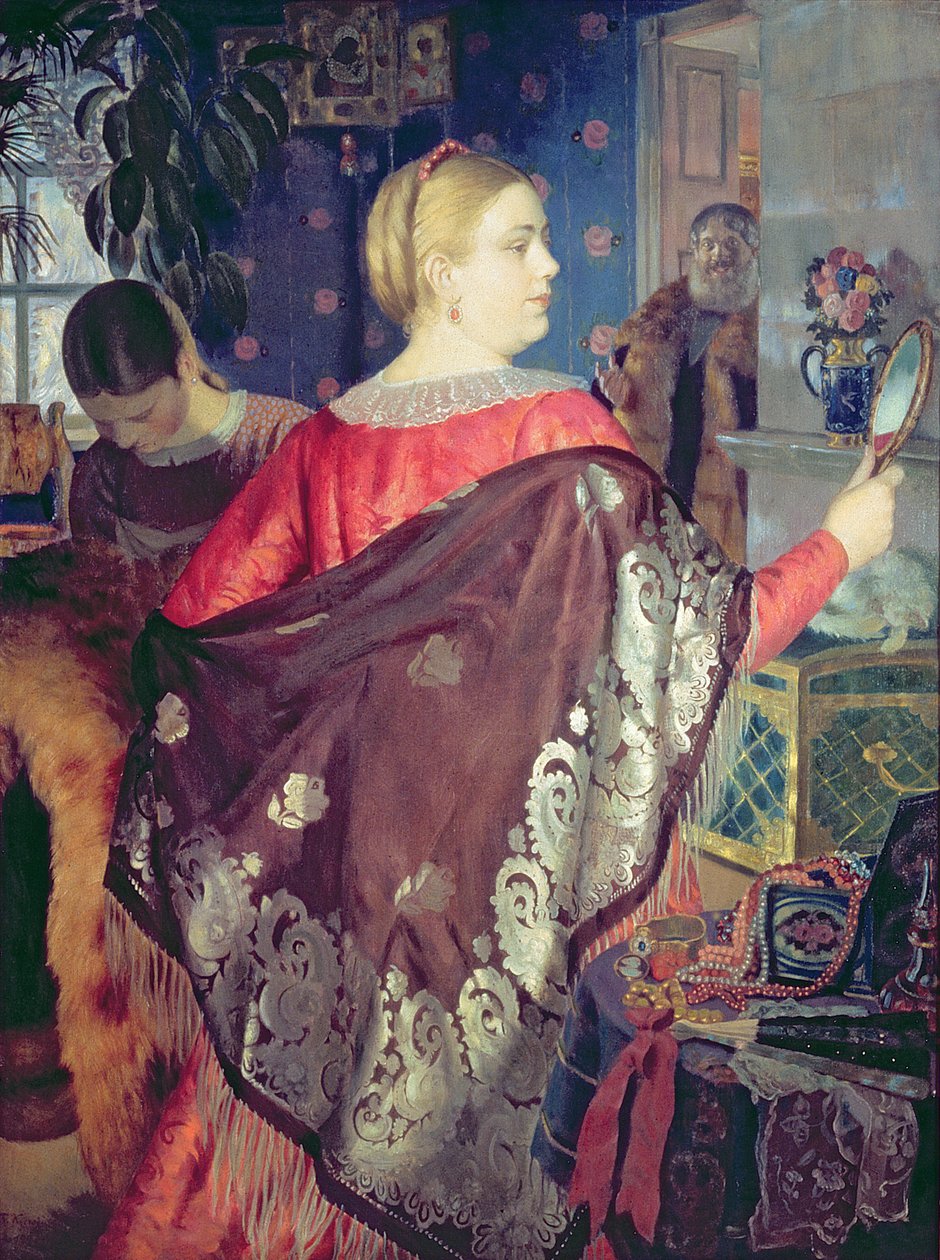 Kupcova žena se zrcadlem od Boris Mikhailovich Kustodiev