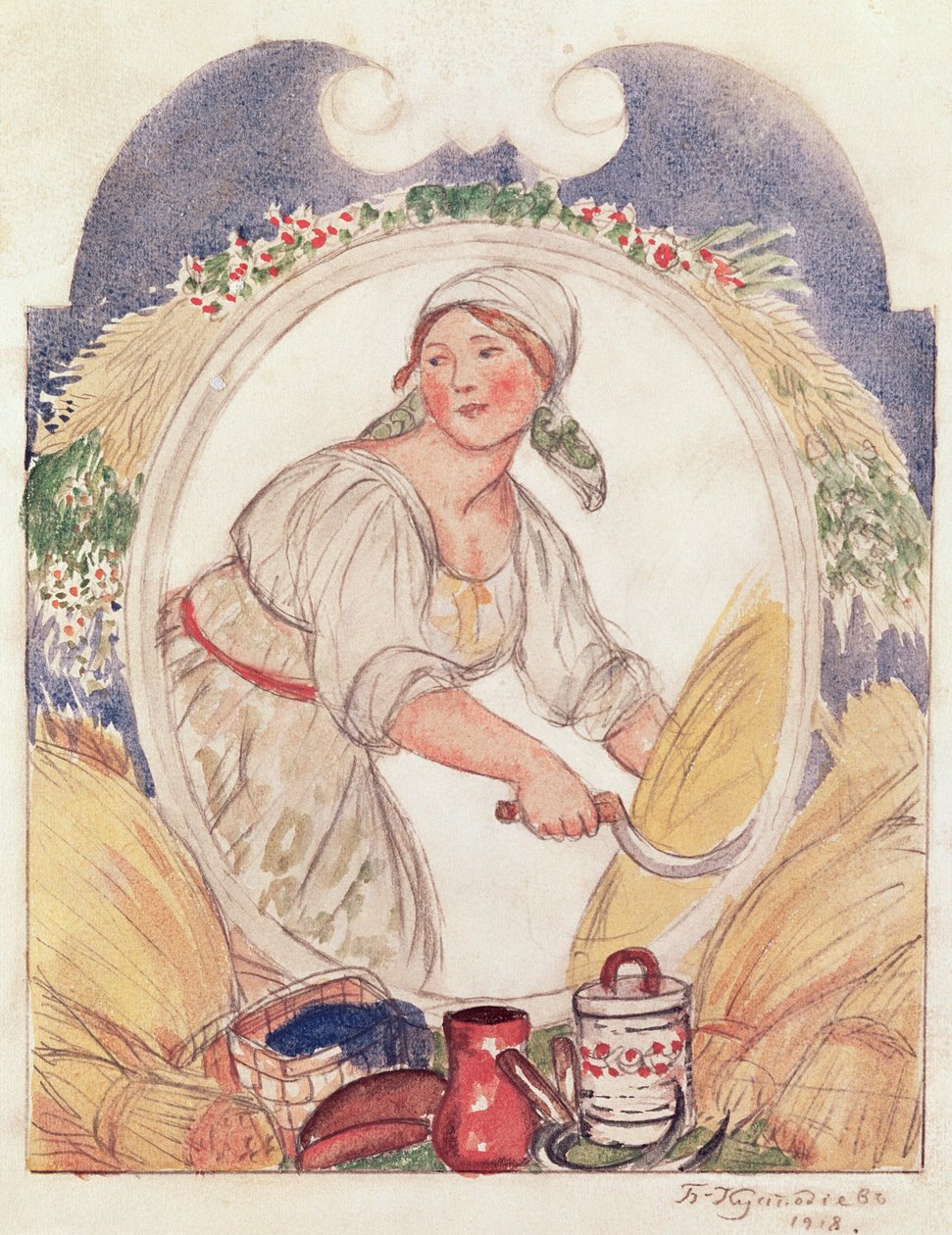 The Reaper, studie pro výzdobu náměstí Ruzheinaya (Puška) v Petrohradě, 1918 (tužka a wc na papíře) od Boris Mikhailovich Kustodiev