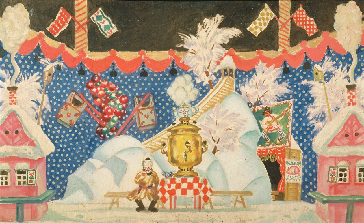 Pohled na Tulu, skica ke hře E. Zamjatina "Blecha", 1925-26 od Boris Mikhailovich Kustodiev