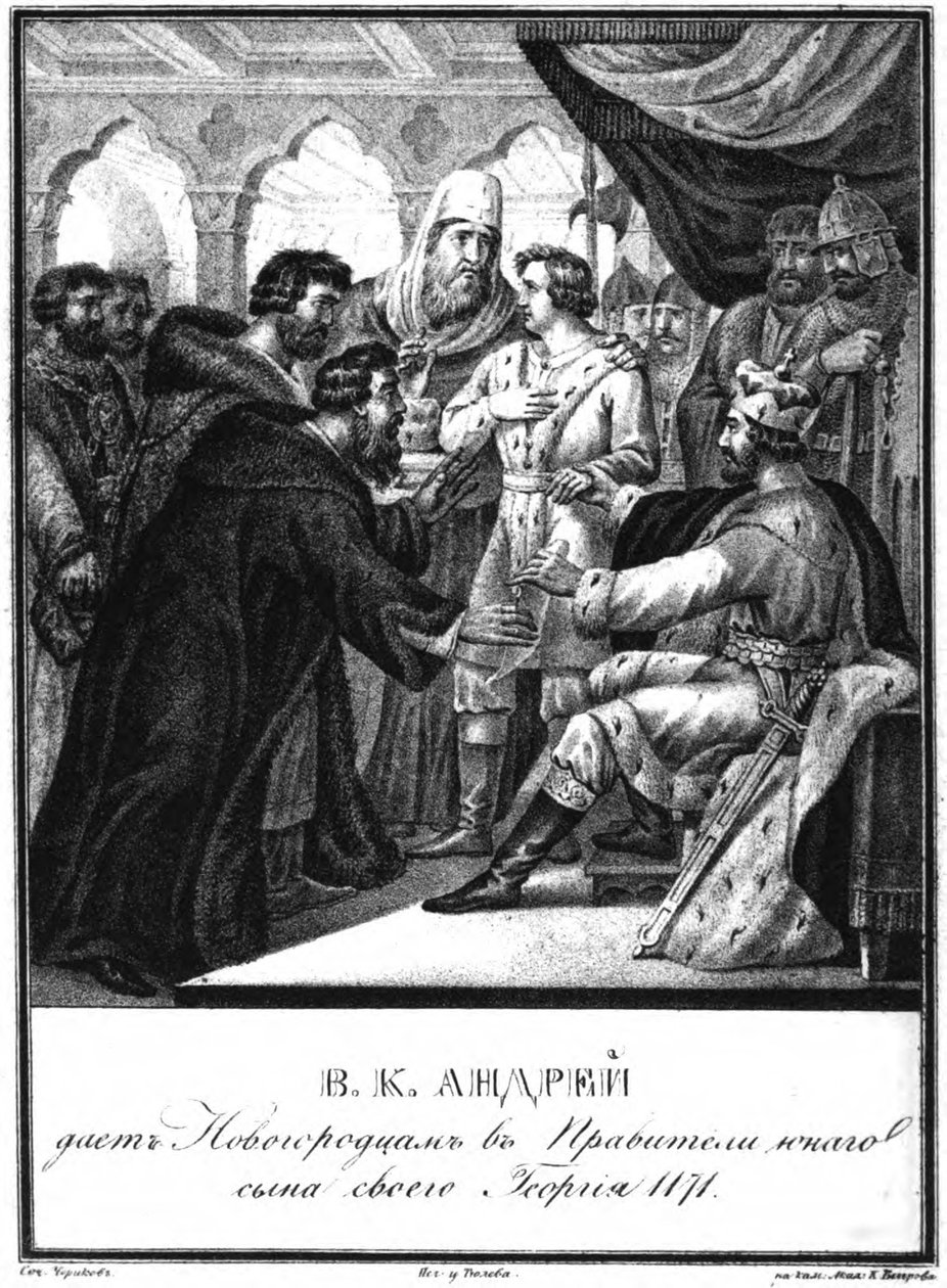 Andrej Bogoljubskij předal vládu nad Novgorodem svému synovi Georgijovi. 1171 Z Ilustrovaného Karamzina od Boris Artemyevich Chorikov