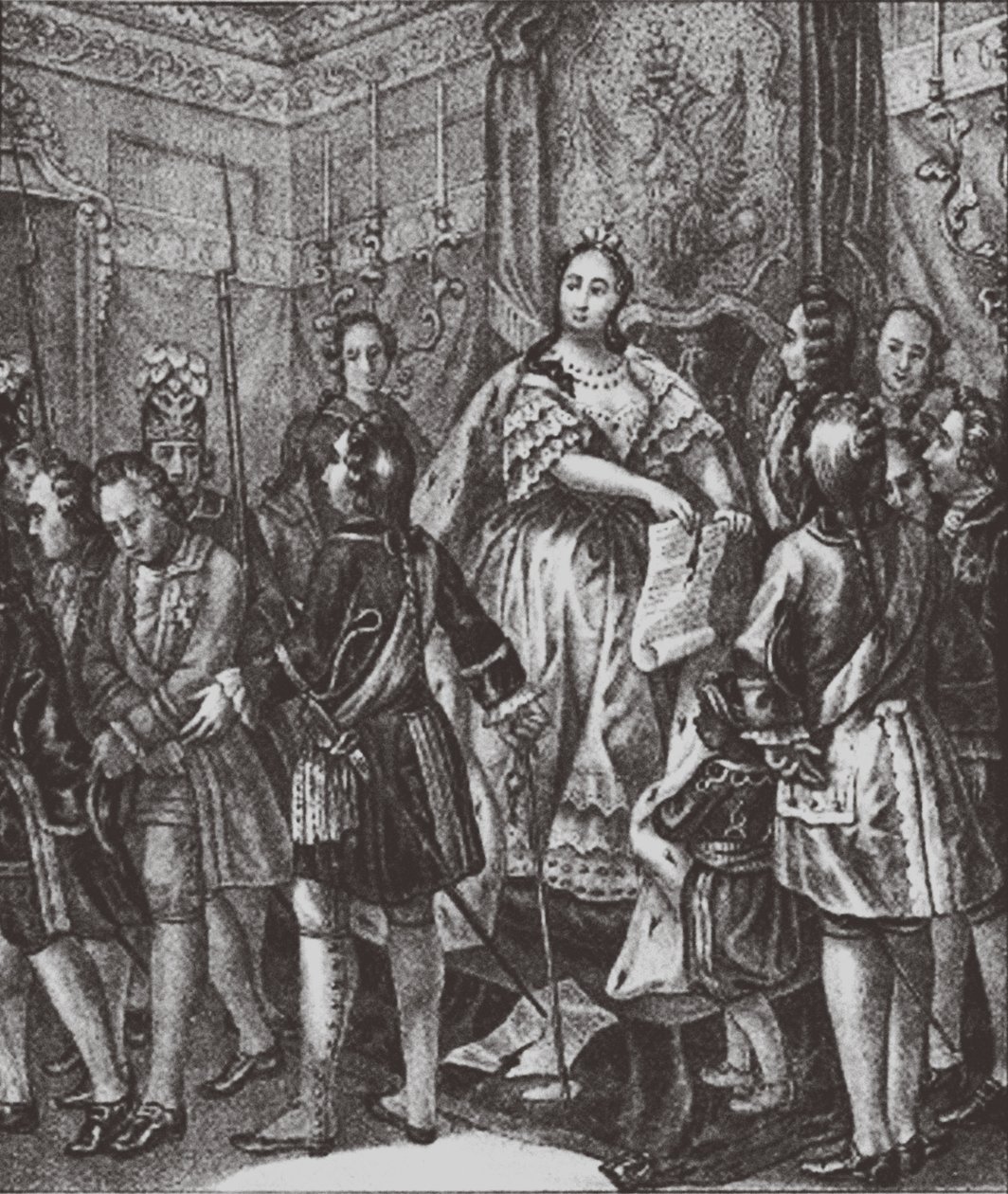 Anna Ioannovna trhá do podmínek, 1730 od Boris Artemyevich Chorikov