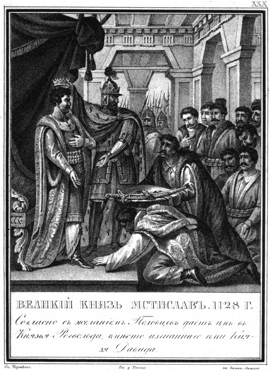 Mstislav I. jmenoval Rogvoloda princem z Polotska. 1128 z ilustrovaného Karamzina, 1836 od Boris Artemyevich Chorikov