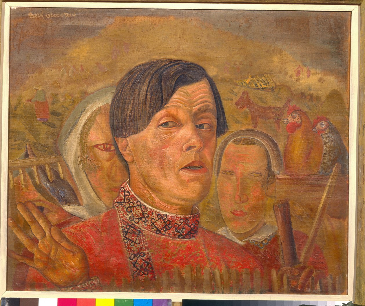 Autoportrét s kohoutem a slepicí (Autoportrét s kohoutem a slepicí) - Malba Borise Dmitrieviče Grigorjeva (1886-1939), cca 1924 - Olej na plátně - Rozměr: 60,4 x 73,5 cm - Soukromá sbírka od Boris Dmitrievich Grigoriev