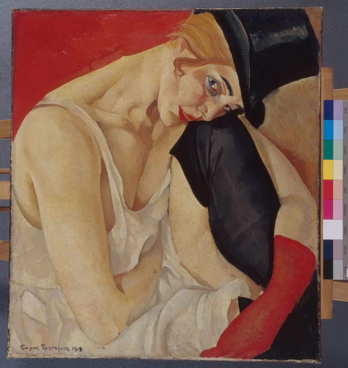 Žena v cylindru - obraz Borise Dmitrieviče Grigorjeva (1886-1939), olej na plátně (71x62,5 cm) od Boris Dmitrievich Grigoriev