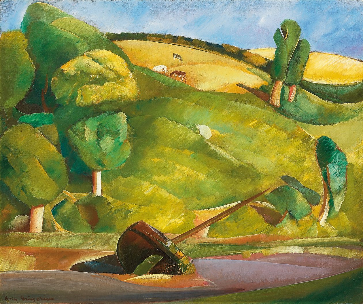 Plachetnice v kubistické krajině, počátek 20. let 20. století (olej na plátně) od Boris Dmitrievich Grigoriev