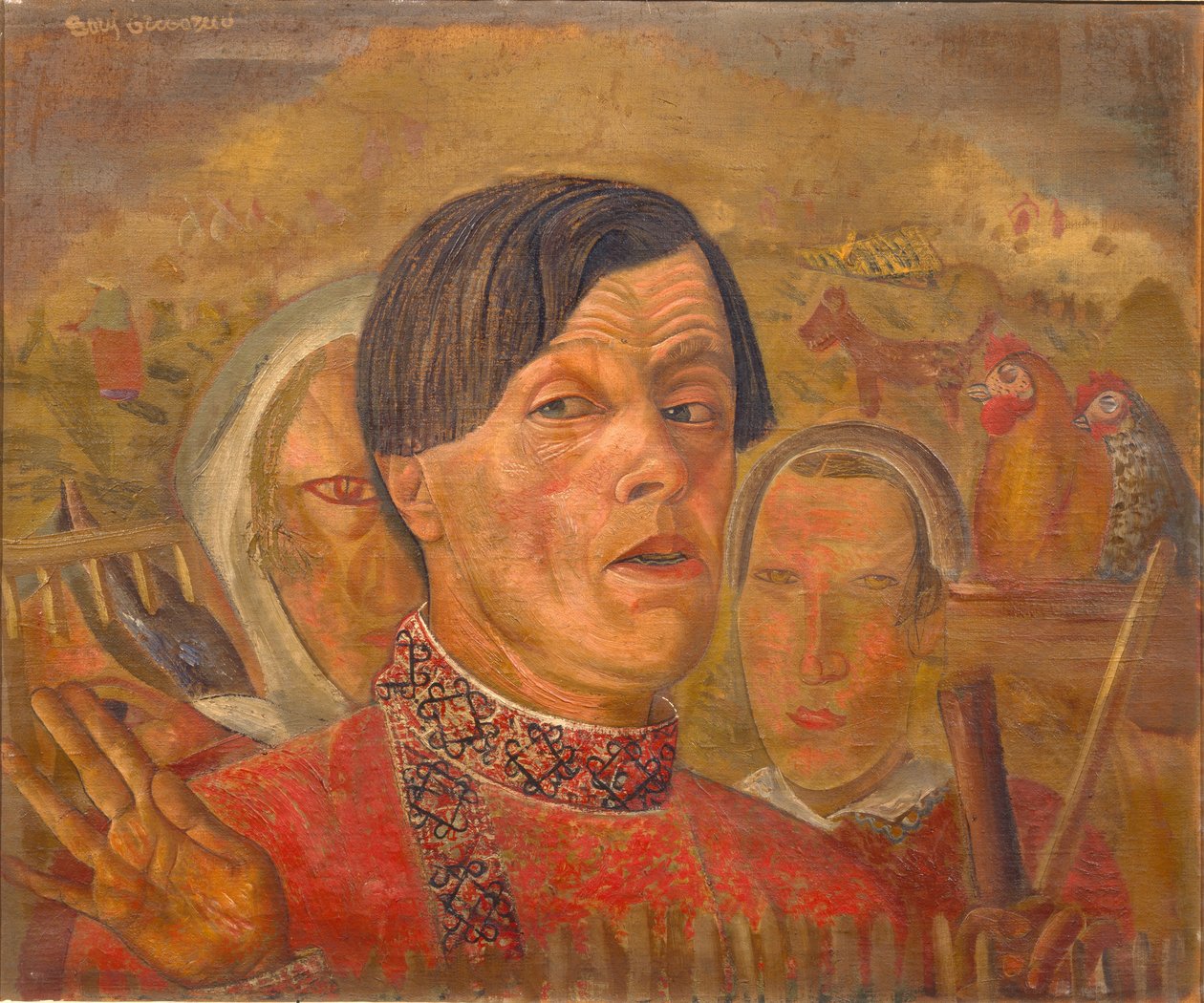 Autoportrét s kohoutem a slepicí, c. 1924 od Boris Dmitrievich Grigoriev