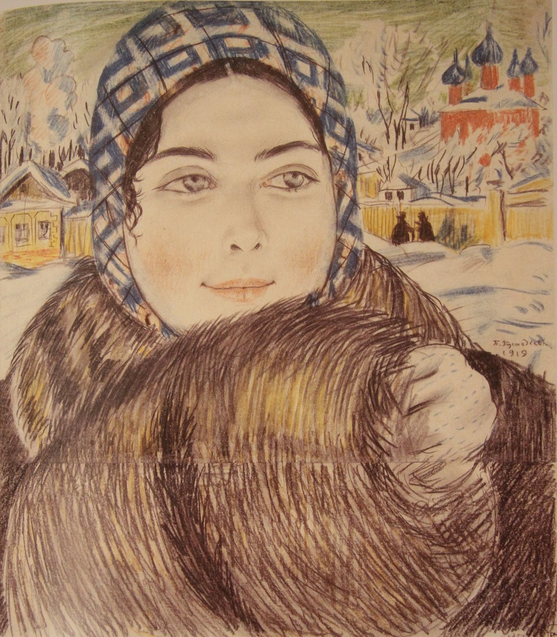 Mladá kupecká manželka v kostkovaném šátku, 1919 od Boris Mikhailovich Kustodiev