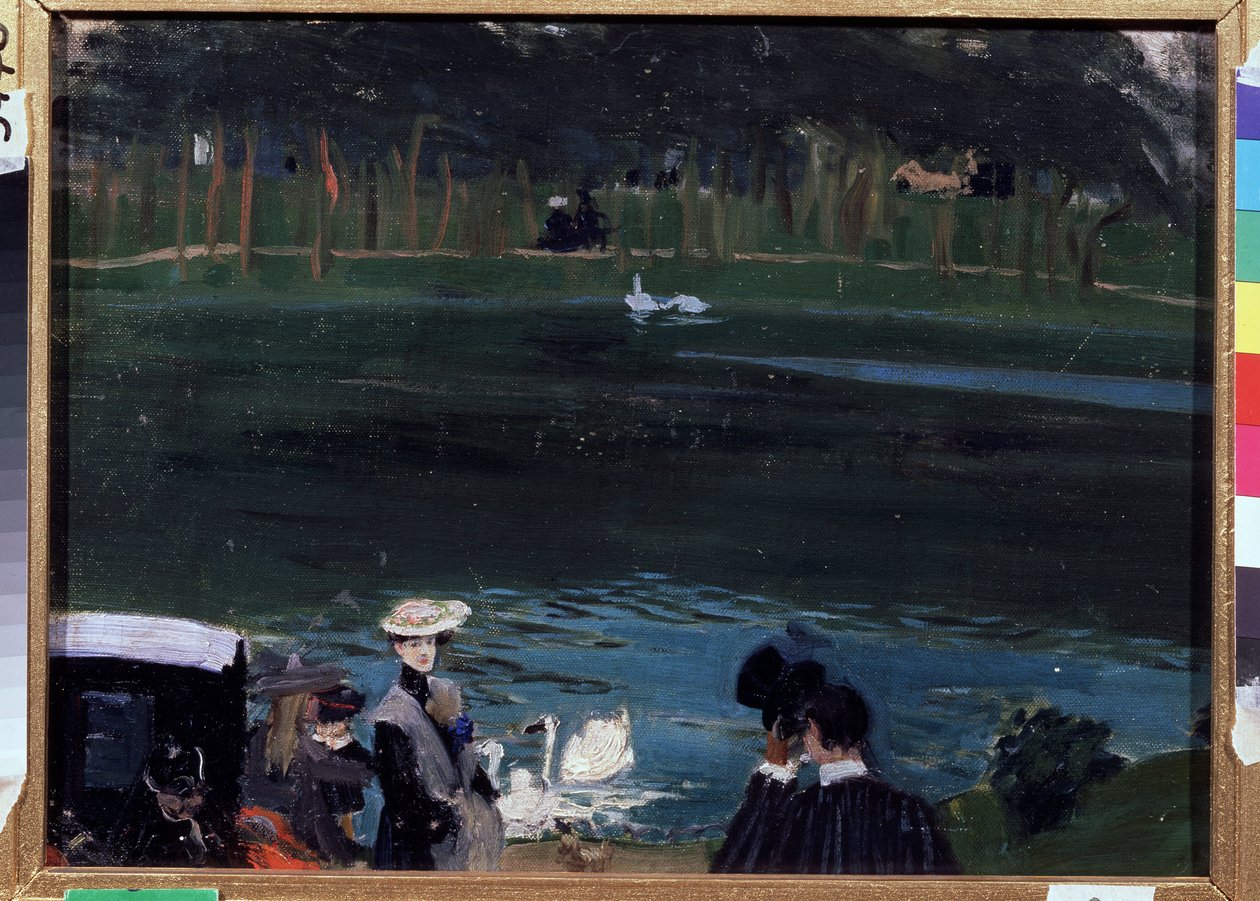 Bois de Boulogne. Jezero s labutěmi a chodci. Obraz Boris Michaylovič Kustodiev (Kustodiev) (1878-1927), olej na plátně od Boris Mikhailovich Kustodiev