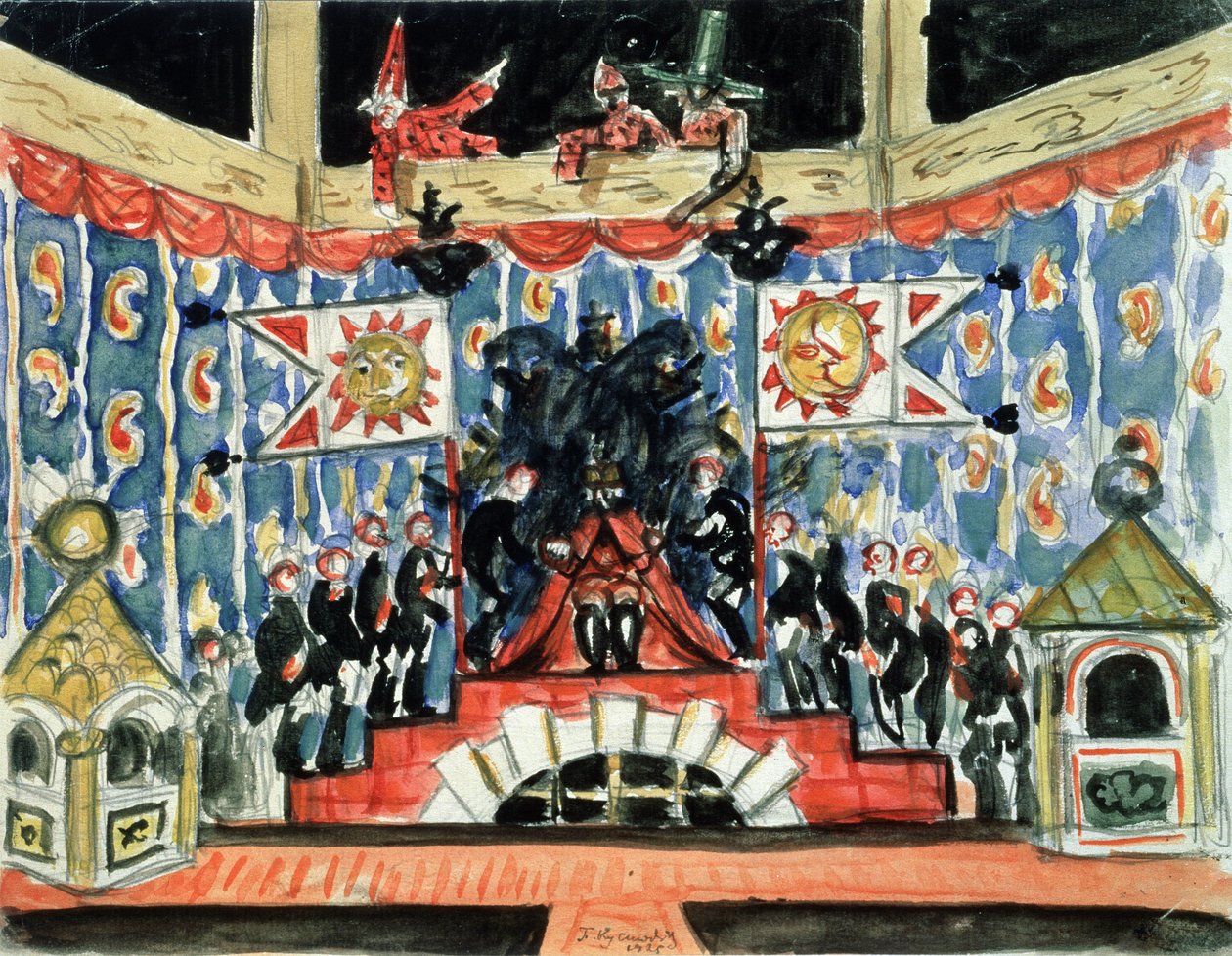 Decor preparatoire pour la piece la puce de Evgueni (Ievgueni, Eugene, Evgeni) Zamiatine (1884-1937) (scéna pro hru Blecha od E. Zamjatina). Oeuvre de Boris Michaylovič Kustodiev (Koustodiev) (1878-1927), tempera sur bois od Boris Mikhailovich Kustodiev
