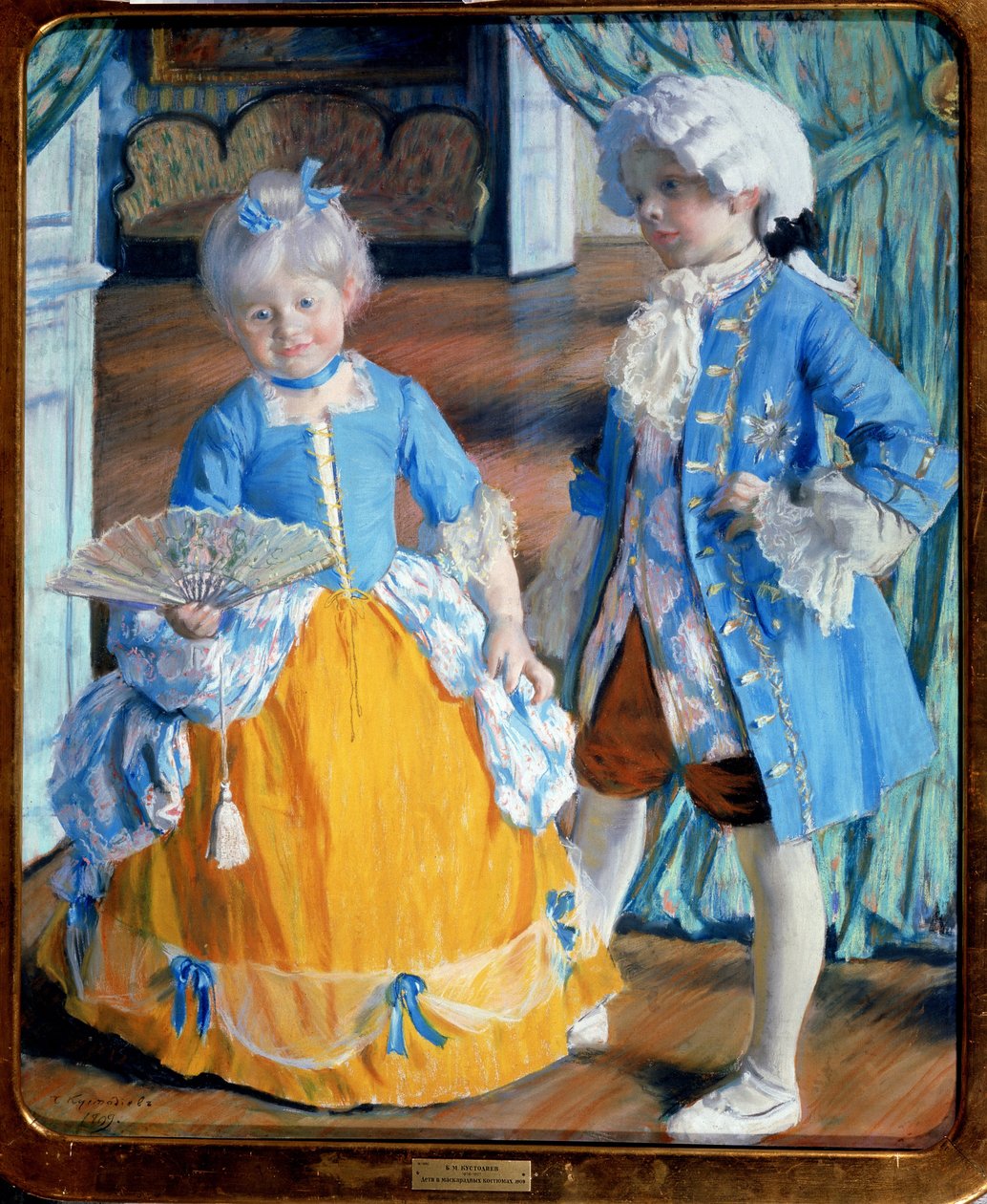 Děti v rokokovém kostýmu (Children in Rococo Dress). Chlapec má na sobě punčochy a paruku, dívka drží krajkový vějíř. Obraz Boris Michaylovič Kustodiev (Kustodiev) (1878-1927), olej na plátně od Boris Mikhailovich Kustodiev