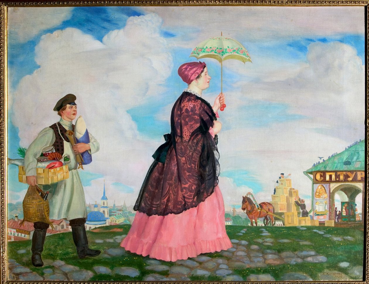 Obchodník žena s jejími nákupy. (Obchodní žena s nákupy). Na zpáteční cestě jde za elegantní ženou pod slunečníkem úředník, který jí vozí nákup. Obraz Boris Michaylovič Kustodiev (Kustodiev) (1878-1927), olej od Boris Mikhailovich Kustodiev