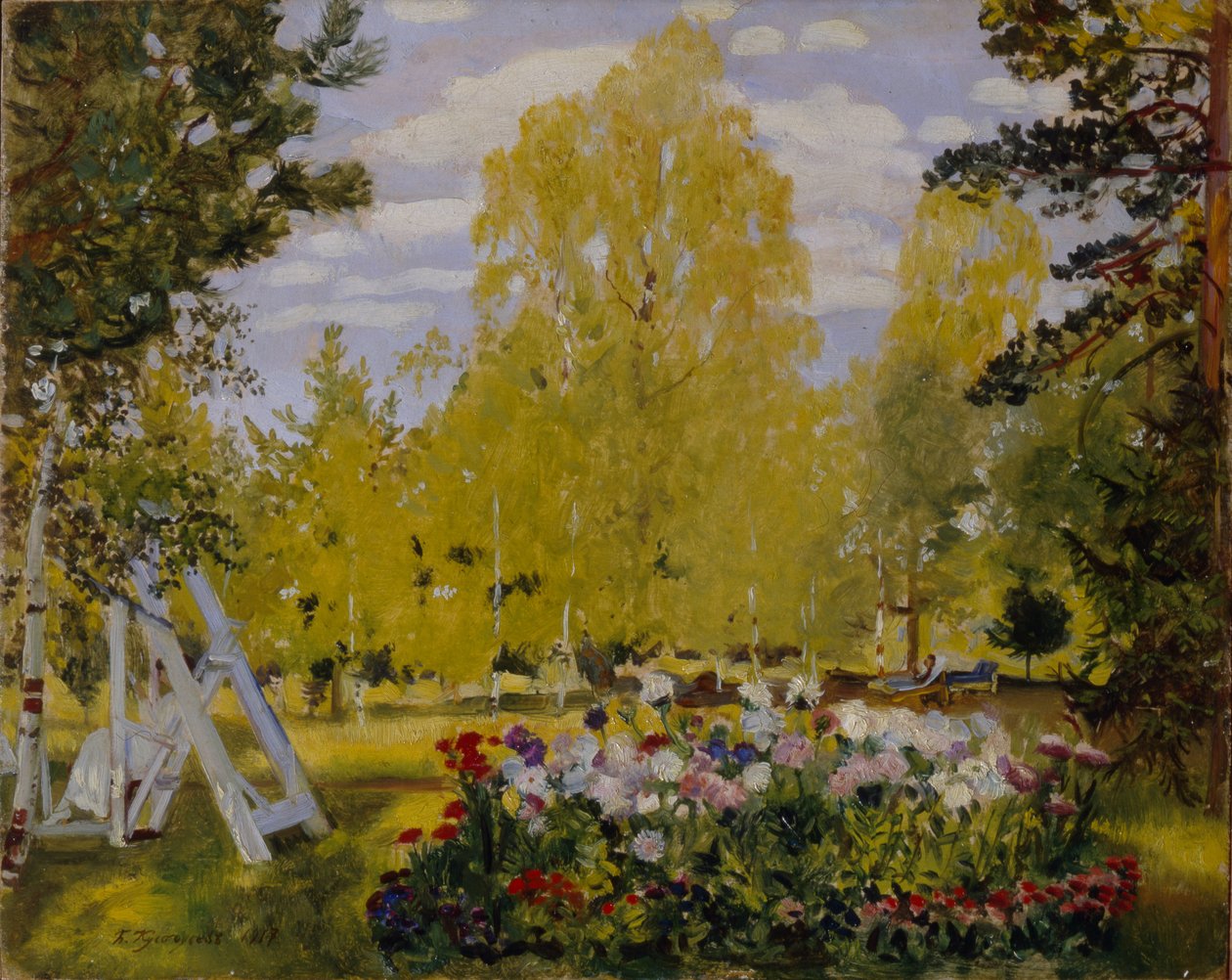 Krajina s květinovým záhonem od Boris Mikhailovich Kustodiev