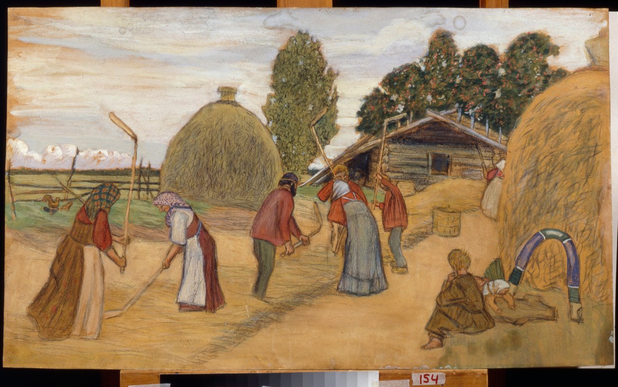 Mlácení sklizně cepem (Mlato) - Dílo Borise Michayloviče Kustodieva (Koustodieva) (1878-1927), pastel na kartonu, 59x100 cm od Boris Mikhailovich Kustodiev