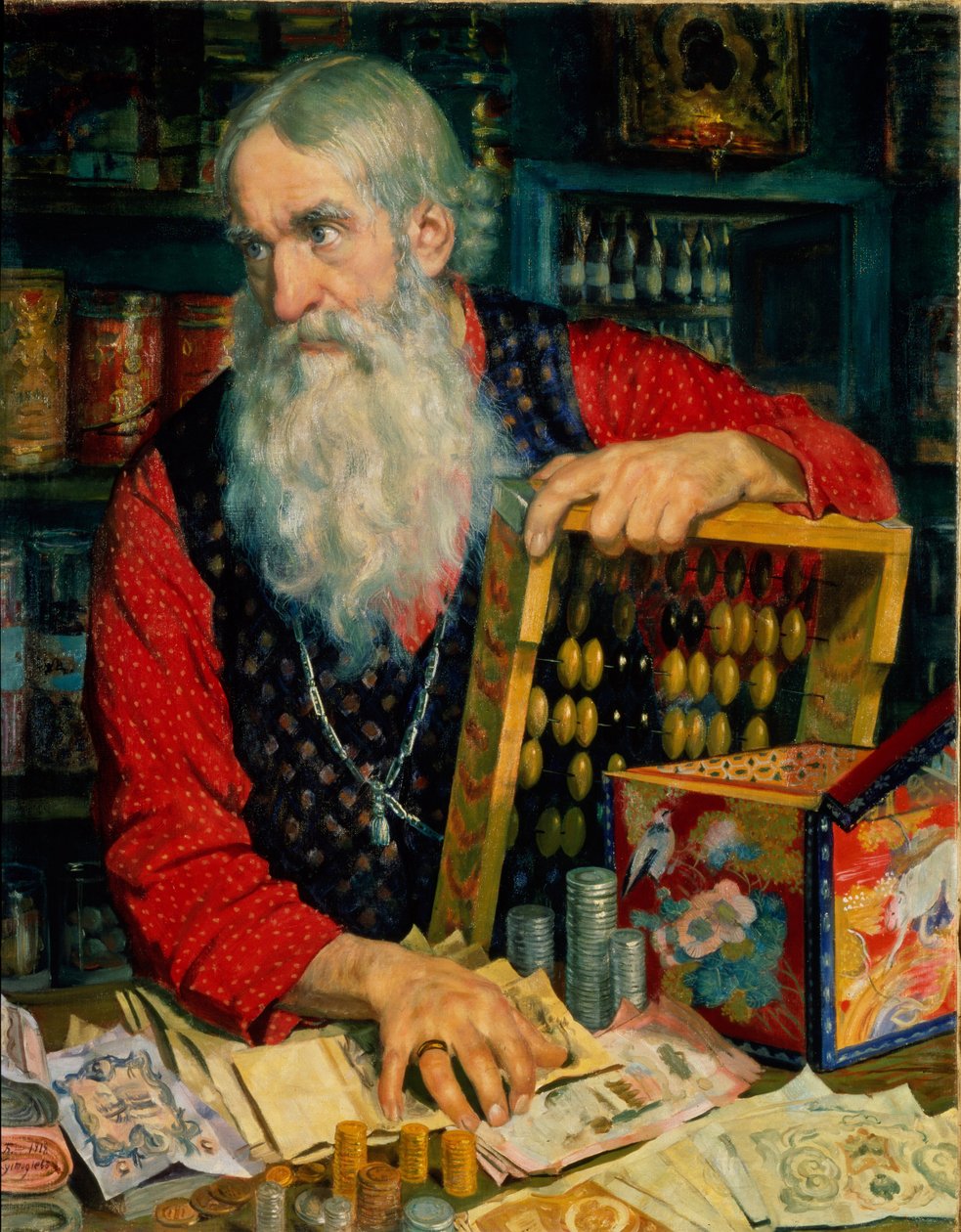 Obchodník (starý muž s penězi a počítadlem). Obraz Boris Michaylovič Kustodiev (Kustodiev) (1878-1927), olej na plátně od Boris Mikhailovich Kustodiev