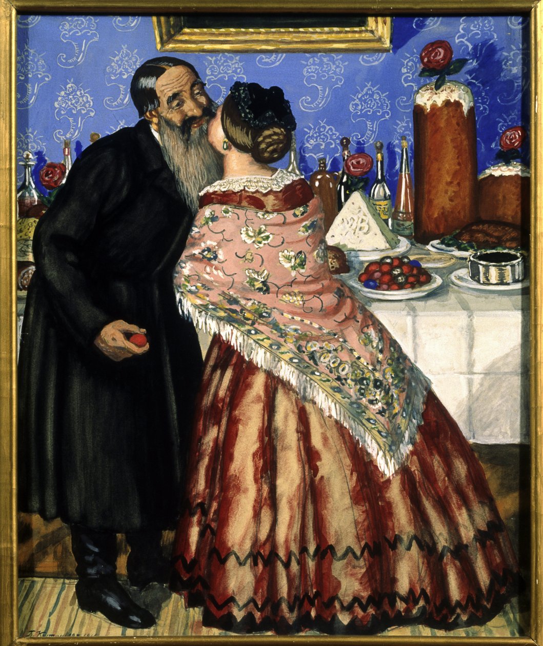 Velikonoční pozdravy (párový polibek u stolu s velikonočním jídlem) (Velikonoční pozdrav) - Malba Borise Michayloviče Kustodieva (1878-1927), tempera na kartonu od Boris Mikhailovich Kustodiev