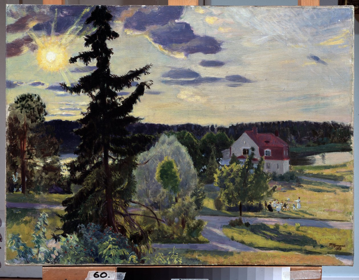 Večerní krajina. Skupina dětí si hraje s míčem na trávníku před domem. Obraz Boris Michaylovič Kustodiev (Kustodiev) (1878-1927), olej na plátně od Boris Mikhailovich Kustodiev
