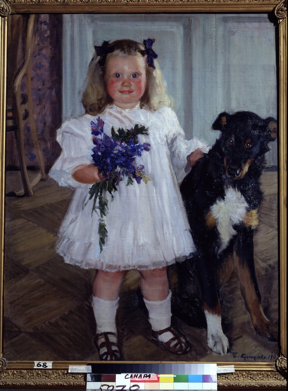 Portrét Dcery Iriny Se Psem Shumkou. Obraz Boris Michaylovič Kustodiev (Kustodiev) (1878-1927), olej na plátně od Boris Mikhailovich Kustodiev