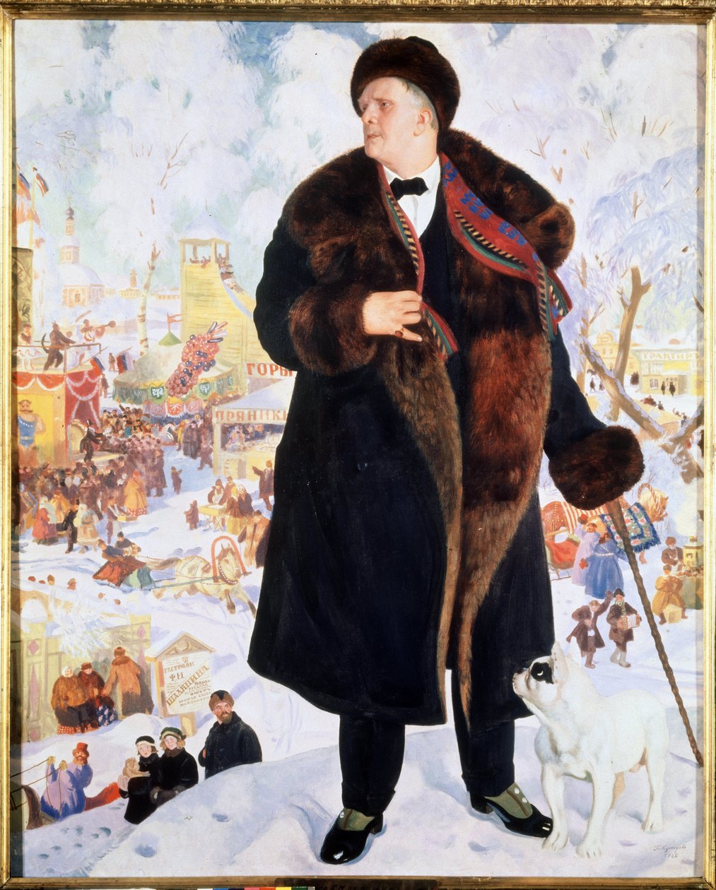 Portrét zpěváka Feodora (Fiodor, Fedor) I. Chaliapin (Chaliapin) (1873-1938) (Portrét zpěváka F.I.Shalyapina). V kožichu a klobouku v doprovodu buldoka, který na něj zírá, stojí zpěvák hrdě před animacemi od Boris Mikhailovich Kustodiev