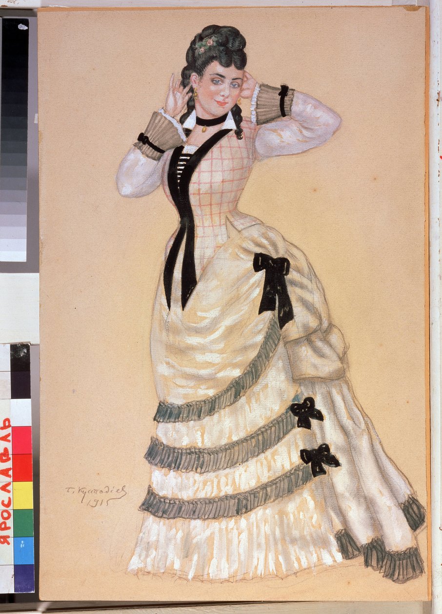 Projekt ženského kostýmu pro divadelní hru Vlk a ovečky Alexandra Ostrovského (1823-1886) (Návrh kostýmů pro divadelní hru A. Ostrovského Vlci a ovečky). Dílo Borise Michayloviče Kustodieva (Koustodiev) (1878-1927), akvarel na kartě od Boris Mikhailovich Kustodiev
