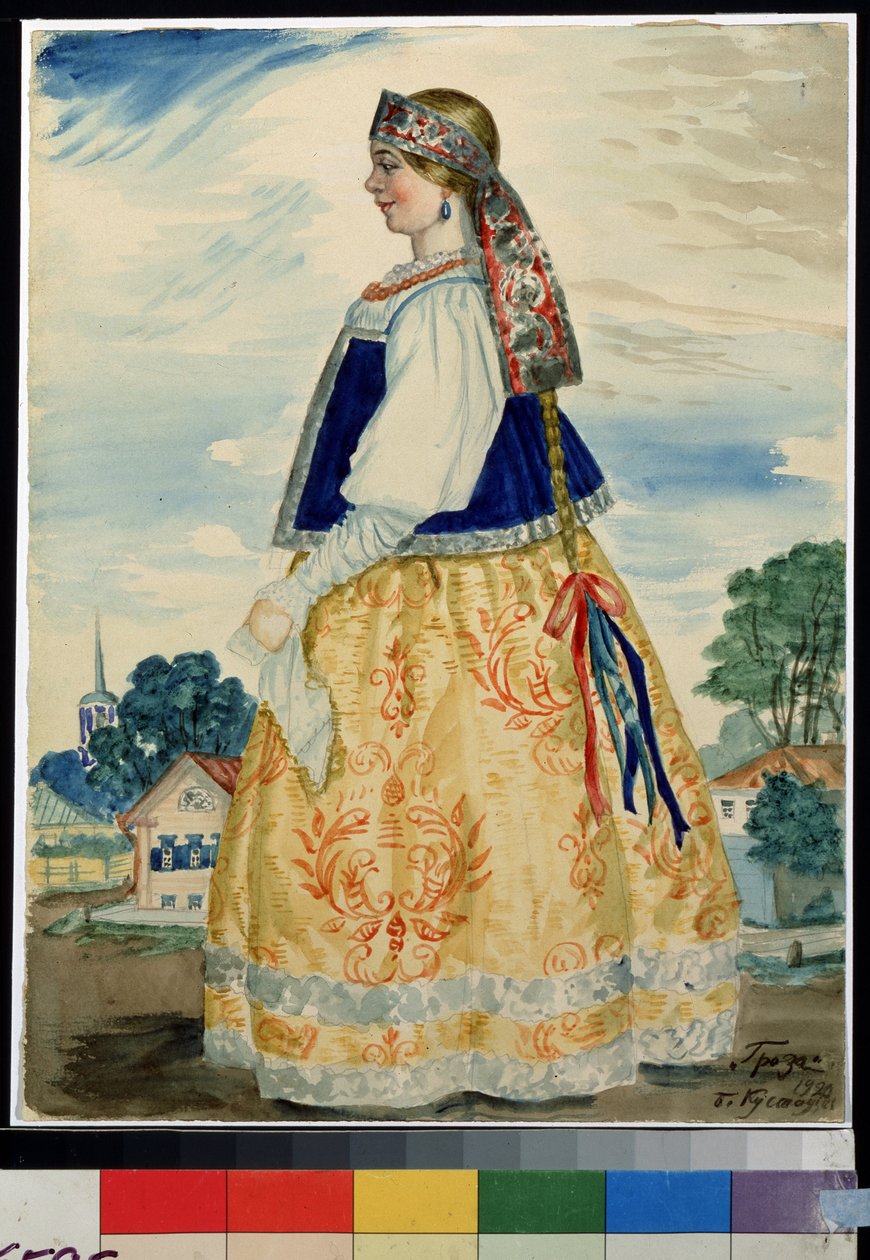 Kostýmní návrh hry Bouře od Alexandra Ostrovského (Ostrovského) (1823-1886) (návrh pro hru Bouře od A. Ostrovského). Dílo Borise Michayloviče Kustodieva (Koustodiev) (1878-1927), akvarel na papíře od Boris Mikhailovich Kustodiev