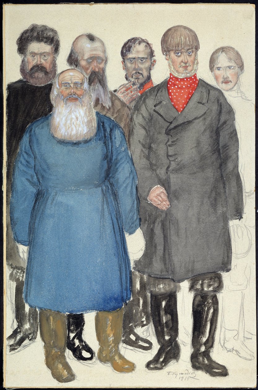 Návrh kostýmů pro divadelní hru Vlci a ovečky Alexandra Ostrovského (1823-1886) (Návrh kostýmů k divadelní hře Vlci a ovečky A. Ostrovského). Dílo Borise Michayloviče Kustodieva (Koustodiev) (1878-1927), akvarel na papíře od Boris Mikhailovich Kustodiev