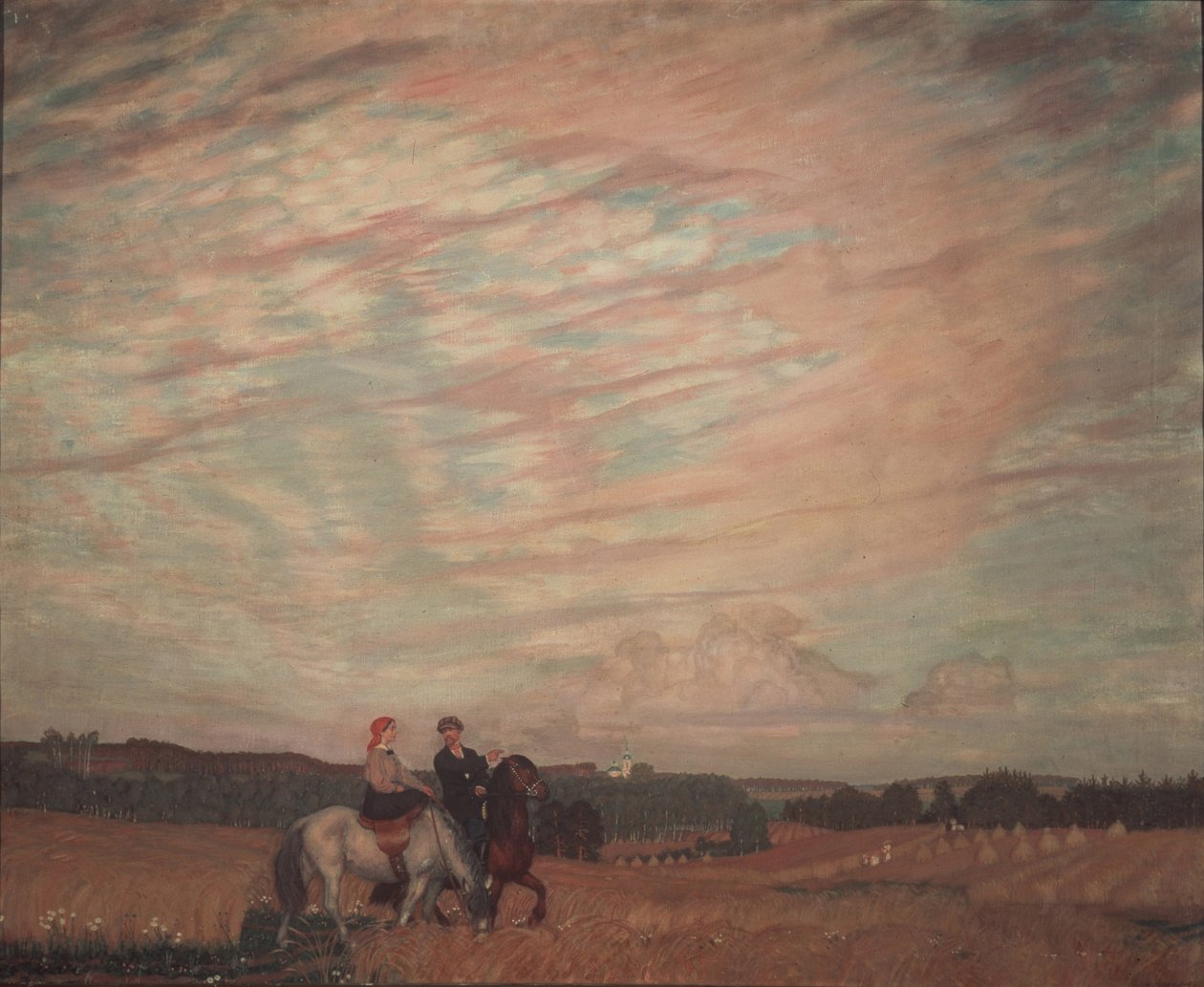 Autoportrét s manželkou na koni, 1915 od Boris Mikhailovich Kustodiev