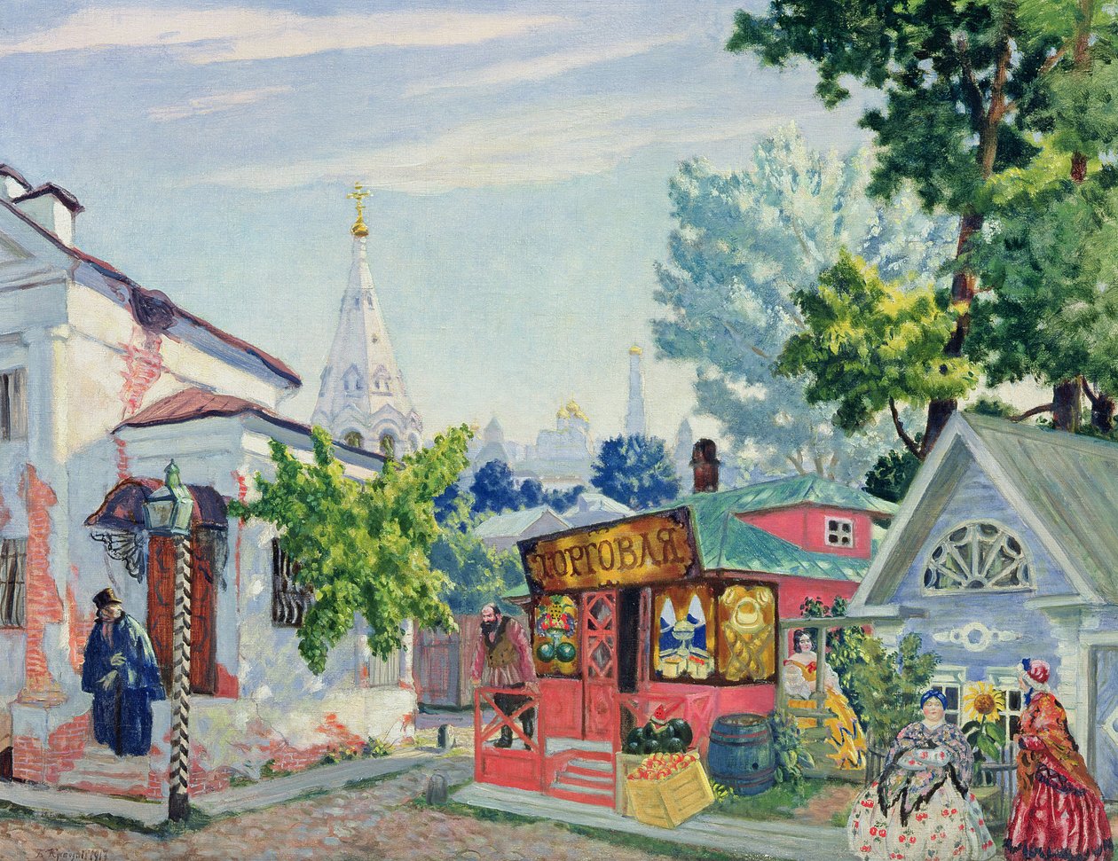 Scénografie pro Ostrovského hru „Snadné peníze“, 1917 (kvaš a tempera na kartonu) od Boris Mikhailovich Kustodiev