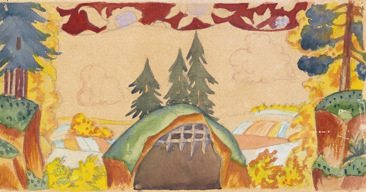 Scénický návrh k opeře Zlatý kohout N. Rimského-Korsakova, 1927 od Boris Mikhailovich Kustodiev