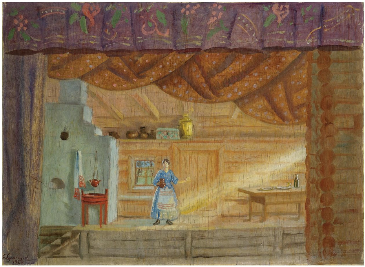 Scénografie pro hru Virineya od Lidie Seyfullina, 1925 od Boris Mikhailovich Kustodiev