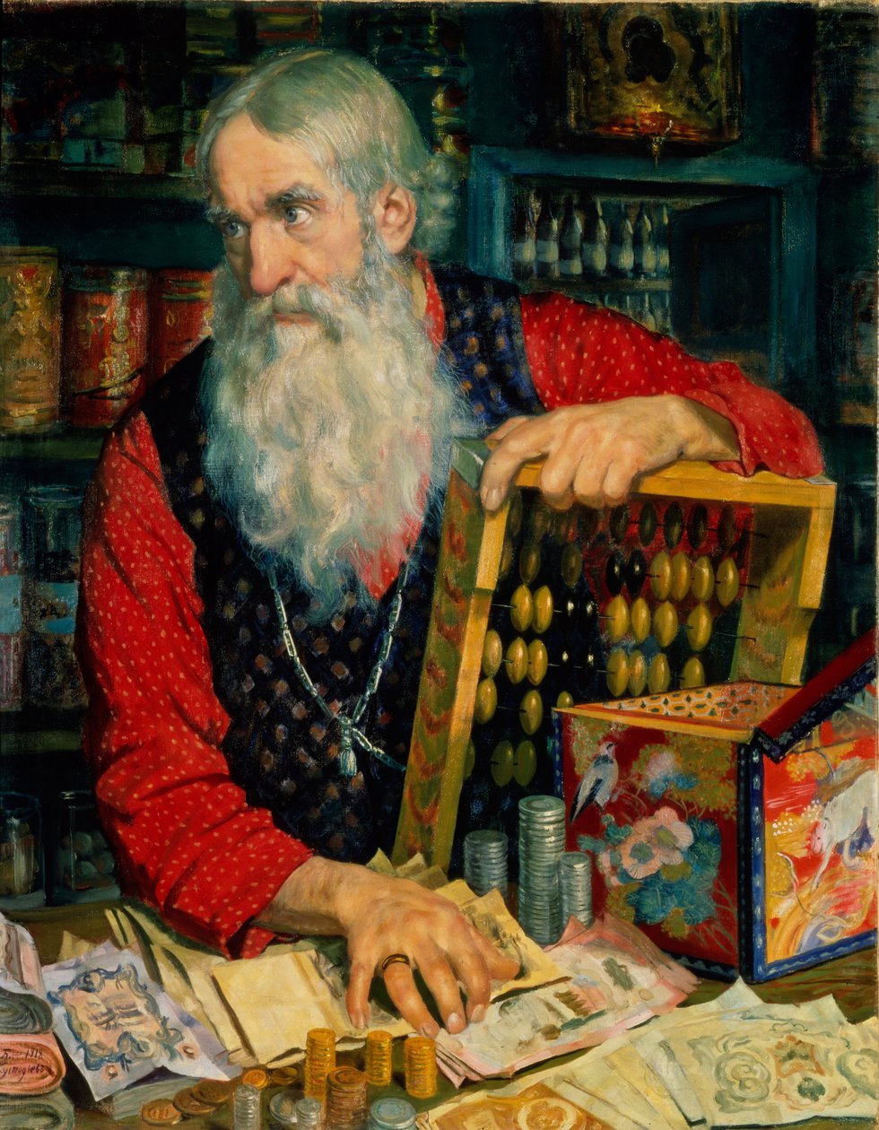 Obchodník starý muž s penězi, 1918 od Boris Mikhailovich Kustodiev