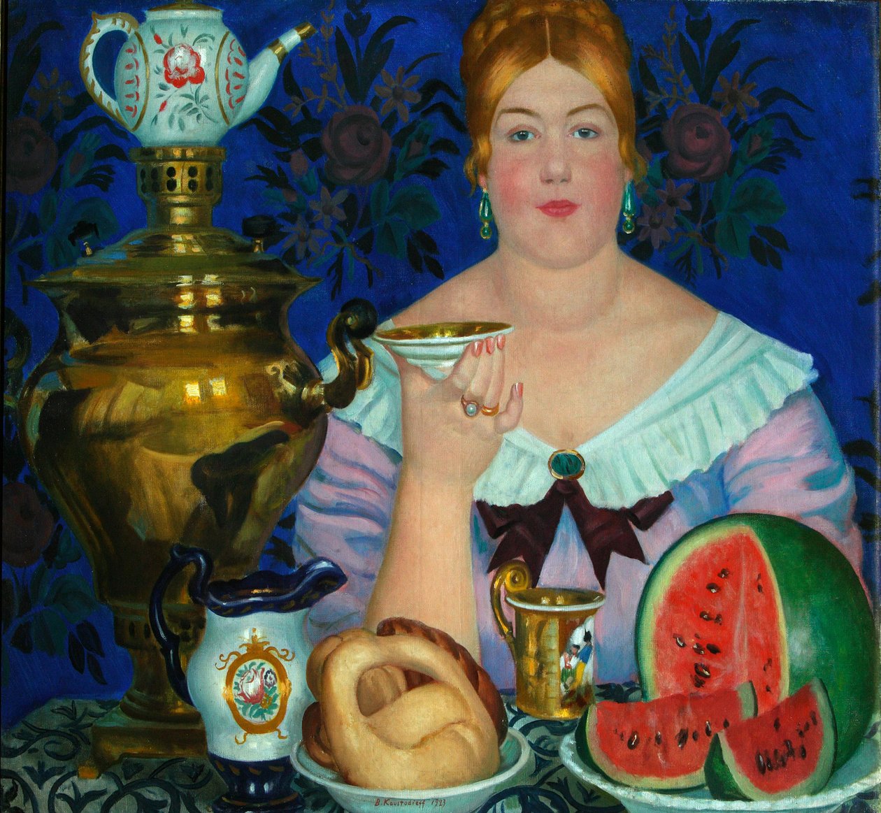 Manželka obchodníků pije čaj, 1923 od Boris Mikhailovich Kustodiev