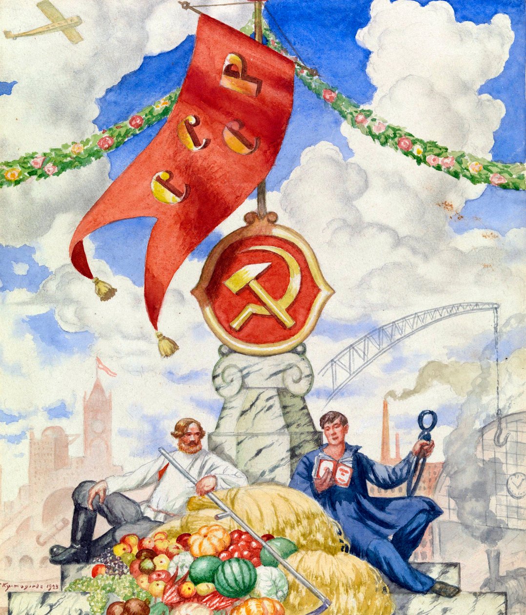""Dělník a rolník se spojili pod komunistickou vlajkou"" Propagandistický plakát Boris Michaylovič Kustodiev (1878-1927) 1923 Rozměr 27x23 cm Soukromá sbírka od Boris Mikhailovich Kustodiev