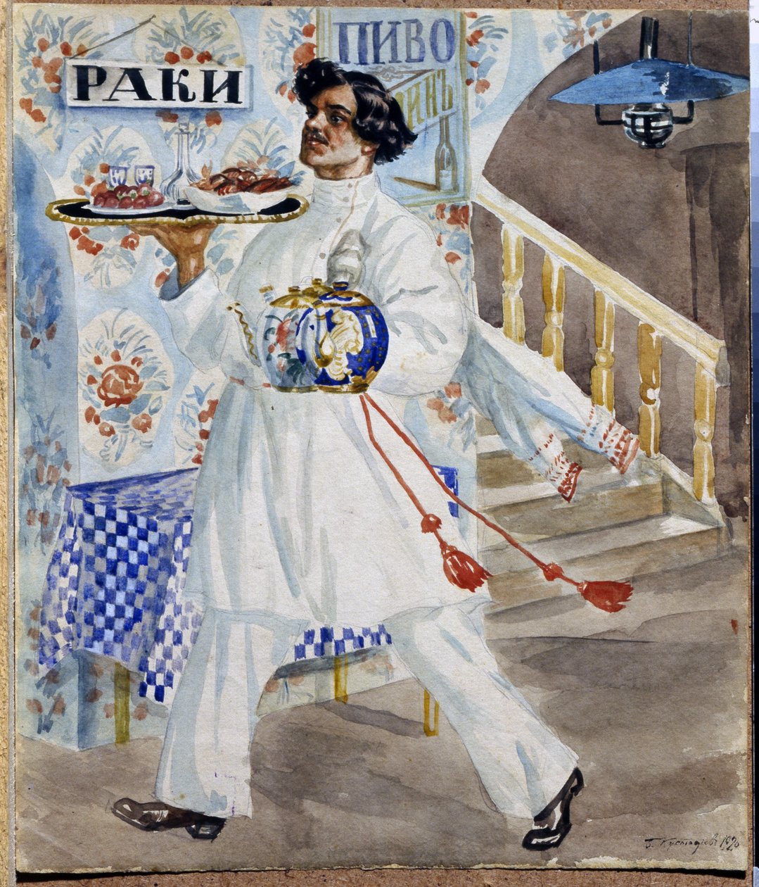 Ruský číšník v moskevské taverně nesoucí tác s jídlem a konvicemi. (Číšník). Obraz Boris Michaylovič Kustodiev (Kustodiev) (1878-1927) od Boris Mikhailovich Kustodiev