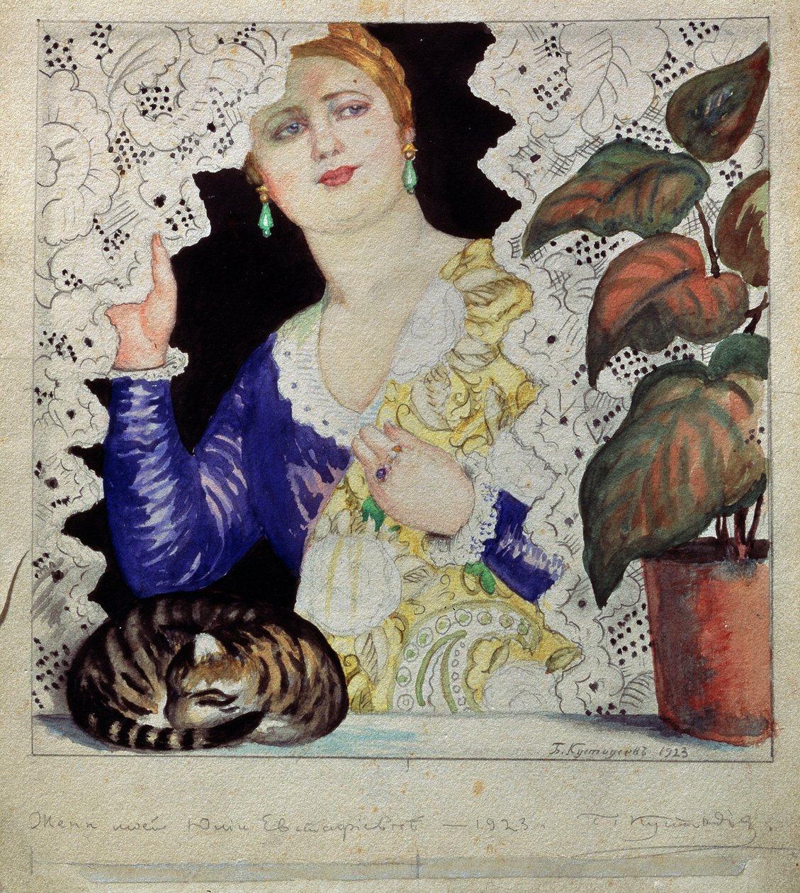 Une femme russe a sa fenetre (Ruská dívka u okna). Světlovlasá, upravená žena (šaty, šperky, šátek a půvab) odhrne krajkový závěs z okna. Na římse se zelená rostlina a kočka válí v klubíčku. Dílo Borise Michayloviče Kuse od Boris Mikhailovich Kustodiev