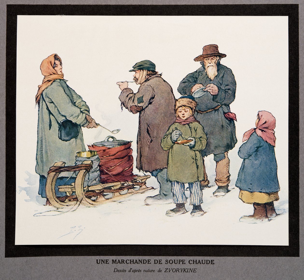 Prodejce horké polévky, z Histoire des Soviets, hospoda. 1922 (barevné lito) od Boris Vasilievich Zvorykin