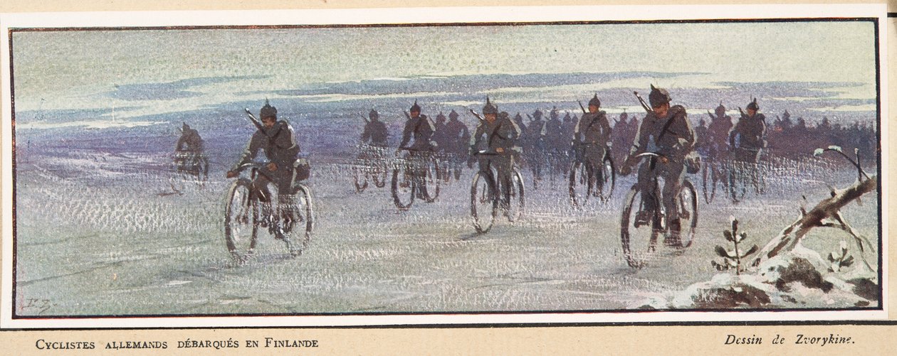němečtí cyklisté přijíždějící do Finska; z Histoire des Soviets, hospoda. 1922 (barevné lito) od Boris Vasilievich Zvorykin