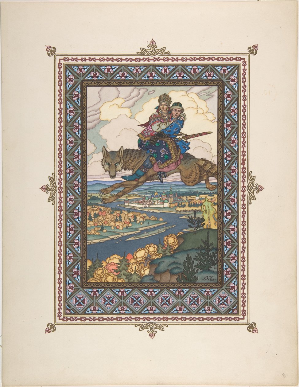 Ilustrace k Pohádce Ivana Careviče, Pták Ohnivák a Šedý vlk, c. 1925 od Boris Vasilievich Zvorykin
