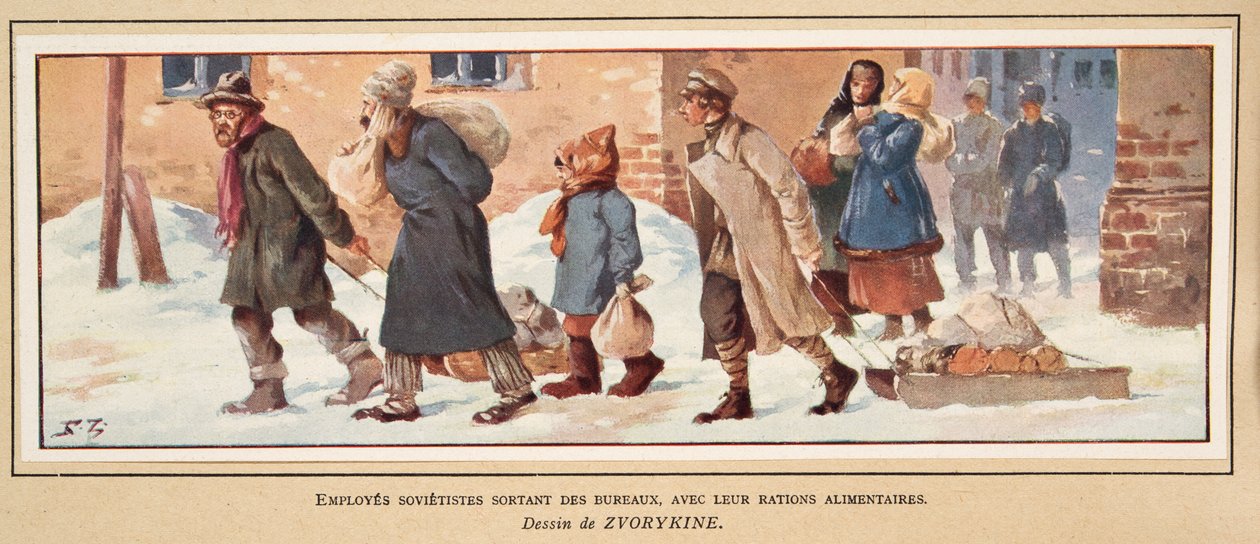 Sovětští dělníci opouštějí kancelář se svými příděly jídla z hospody Histoire des Soviets. 1922 (barevné lito) od Boris Vasilievich Zvorykin
