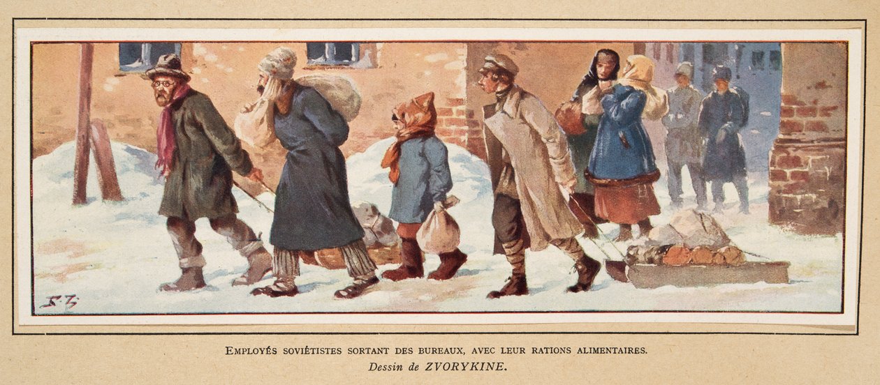 Sovětští dělníci opouštějí kancelář se svými příděly jídla z hospody Histoire des Soviets. 1922 (barevné lito) od Boris Vasilievich Zvorykin