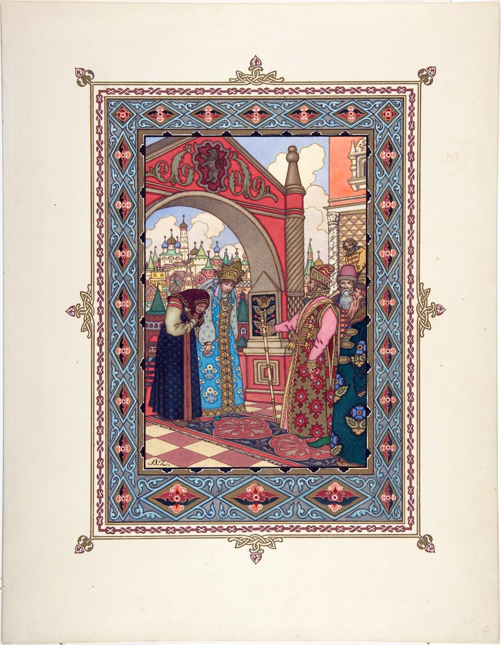Vasilissa la Belle (Vassilissa la tres Belle) - ilustrace k pohádce Vasilisa krásná par Zvorykin, Boris Vasilievich (1872-po 1935), c. 1925 - Barevná litografie, 27,3x20,5 - Soukromá sbírka od Boris Vasilievich Zvorykin