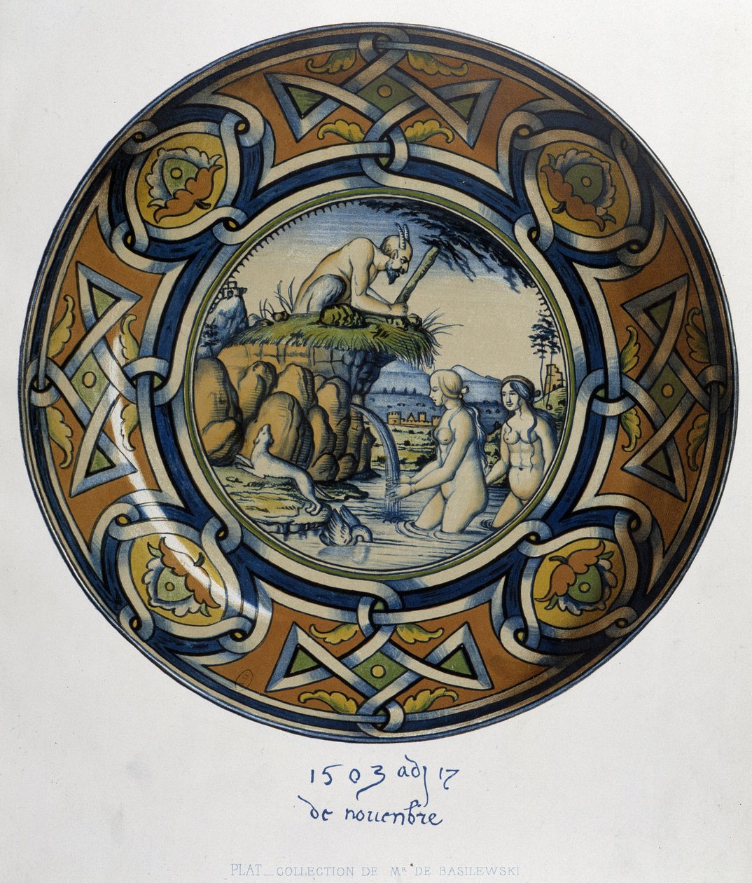 Actéon překvapující Artemis (diane) au bain - in "Collection of Italian faiences of the XV, XVI and XVIIIth centuries", designed by C. Delange and C. Borneman, ed. Delange, Paříž od Bornemann Bornemann