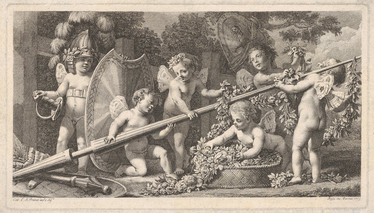 Šest putti si hraje s Marsovými pažemi, čtyři se drží velkého kopí, jeden vlevo ..., 1769. od Bossi